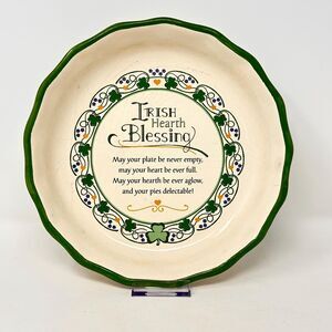 Vtg Ceramic Irish Hearth Blessing Pie Plate Fluted Green Shamrock Baking Dish